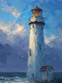 Schilderij van vuurtoren met huisje bij lavendelkleurige avondlucht