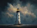 Nachtschilderij van een vuurtoren met een oranje gloeiende wolk