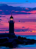 Vuurtoren silhouet bij zonsondergang aan zee