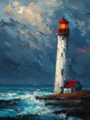 Schilderij van vuurtoren met huisje bij opklarende stormlucht
