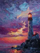 Schilderij van vuurtoren met huisje op kliff bij roze avondlucht