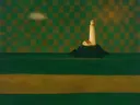 Schilderij van vuurtoren in amber en flessengroen