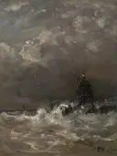 Vuurtoren in de branding van Hendrik Willem Mesdag: zee met vuurtoren, branding, golven en storm, in donkergrijs en wit