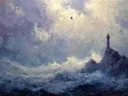 Schilderij van een vuurtoren op een rots in de mist
