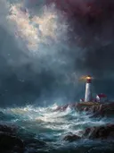 Vuurtoren in de storm op de rotsen, landschap schilderij