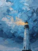 Schilderij van vuurtoren tegen diepblauwe wolkenlucht met lichtvlek