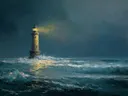 Schilderij van een vuurtoren in goud-turquoise kleurenpalet boven een golvende zee
