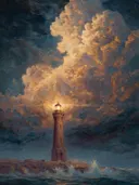 Schilderij van bronskleurige vuurtoren met gouden wolken en golven