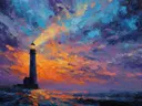 Schilderij van een vuurtoren silhouet tegen een kleurrijke zonsondergangslucht boven zee
