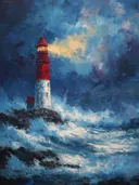 Schilderij van vuurtoren met golven in marineblauwe nachtstorm