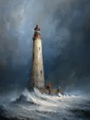 Vuurtoren in nachtelijke storm, landschap schilderij