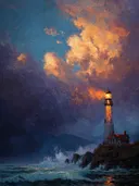 Schilderij van vuurtoren met oranje wolkenpracht en bergen