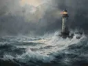 Schilderij van een vuurtoren omringd door een enorme brekende golf
