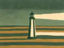 Schilderij van vuurtoren in salie en oker, in vlakke kleurvlakken
