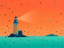 Schilderij van vuurtoren in turkoois en mandarijn