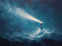 Schilderij van een vuurtoren in een turquoise gekleurde storm met hoge golven