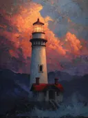 Schilderij van vuurtoren met vurige wolken en bergsilhouet