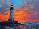 Schilderij van een vuurtoren tegen een vurige oranje zonsondergangslucht