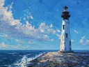 Schilderij van een vuurtoren met woeste golven