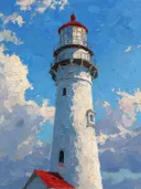 Close-up schilderij van vuurtorenlamp tegen bewolkte blauwe lucht