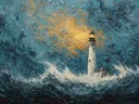 Schilderij van een vuurtoren met gouden lichtbundel tegen een teal-blauwe lucht
