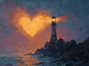 Schilderij van een vuurtoren met een hartvormige wolk