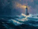 Schilderij van een vuurtoren met bijgebouw temidden van hoge golven