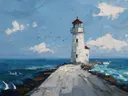 Schilderij van een vuurtoren met meeuwen in de lucht