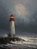 Schilderij van vuurtoren met roze wolkaccent tegen grijze stormlucht
