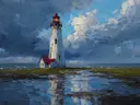 Schilderij van een vuurtoren op een grasveld met spiegeling in het water