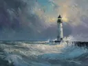 Schilderij van een vuurtoren met vogels tijdens een kleurrijke storm