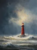 Schilderij van vuurtoren en huisje bij bergen in oranje avondlicht