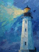 Vuurtoren op rotsen met lichtbundel bij nacht, olieverfschilderij in blauwtinten