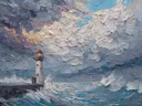 Schilderij van een vuurtoren onder een dramatische, kleurrijke wolkenlucht
