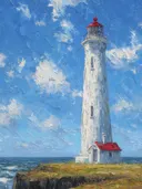 Schilderij van witte vuurtoren op groene klif onder blauwe lucht