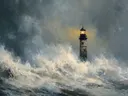 Schilderij van een vuurtoren silhouet tussen nachtelijke golven met oranje gloed