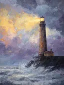 Vuurtoren met huisje bij stormachtige paarsoranje lucht, olieverfschilderij
