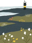 Illustratie van een vuurtoren tussen duinen met bloemen en de zee op de achtergrond.