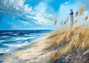 Schilderij van een vuurtoren tussen duingras aan de kust met blauwe lucht en zee