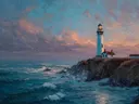 Schilderij van een vuurtoren met bijgebouw op een rotsachtige kust bij zonsondergang