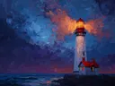 Schilderij van een vuurtoren met wachtershuisje bij storm