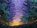 Schilderij van vuurvliegjes bij een lichtplek in het bos