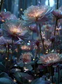 Schilderij van een bloemenweide bij volle maan met gloeiende lichtvliegjes