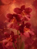 Schilderij van orchideeën met een feniks op de achtergrond