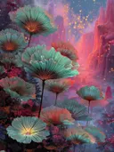 Schilderij van waaiervormige turquoise bloemen bij kristallen bergpieken
