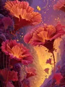 Schilderij van waaiervormige roze bloemen in een paarse grot