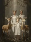 Figuren in het wit tussen herten in een mysterieus bos