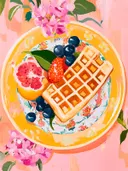Schilderij van een wafel met bosvruchten en grapefruit op een bloemenbord.