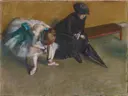 Waiting van Edgar Degas: figuren met danseres, vrouw, bank en wachten, in okergeel met zwart