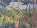 Waldlandschaft ca1925 van Otto Mueller: landschap met bomen, bos, struiken en gras, in groen met blauw